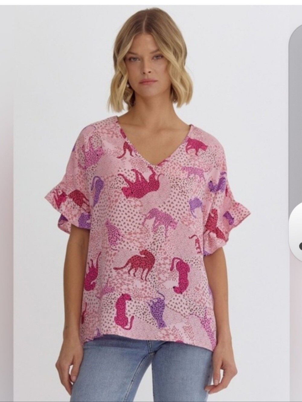 Entro Pink V-Neck Animal Print Ruffle Sleeve Blouse Size Medium